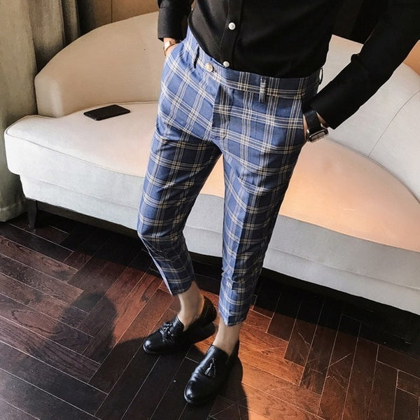 Men Dress Pant Plaid Business Casual Slim Fit Pantalon A Carreau Homme Classic Vintage Check Suit Trousers Wedding Pants