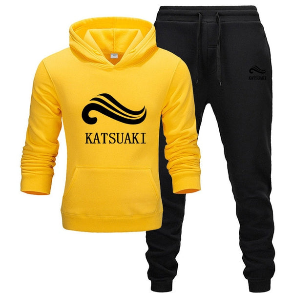 Fashion KATSUAKI Men Track suit Hoodies Suits Brand  Men Hip Hop Sweatshirts+Sweatpants Autumn Winter Fleece Hooded Pullover