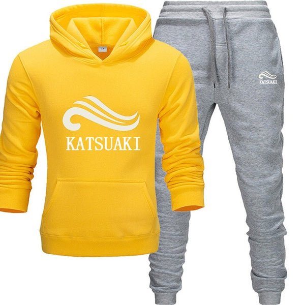 Fashion KATSUAKI Men Track suit Hoodies Suits Brand  Men Hip Hop Sweatshirts+Sweatpants Autumn Winter Fleece Hooded Pullover