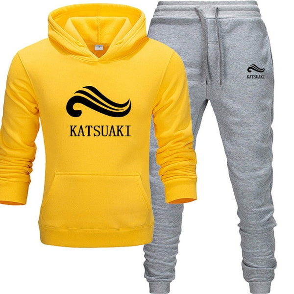 Fashion KATSUAKI Men Track suit Hoodies Suits Brand  Men Hip Hop Sweatshirts+Sweatpants Autumn Winter Fleece Hooded Pullover